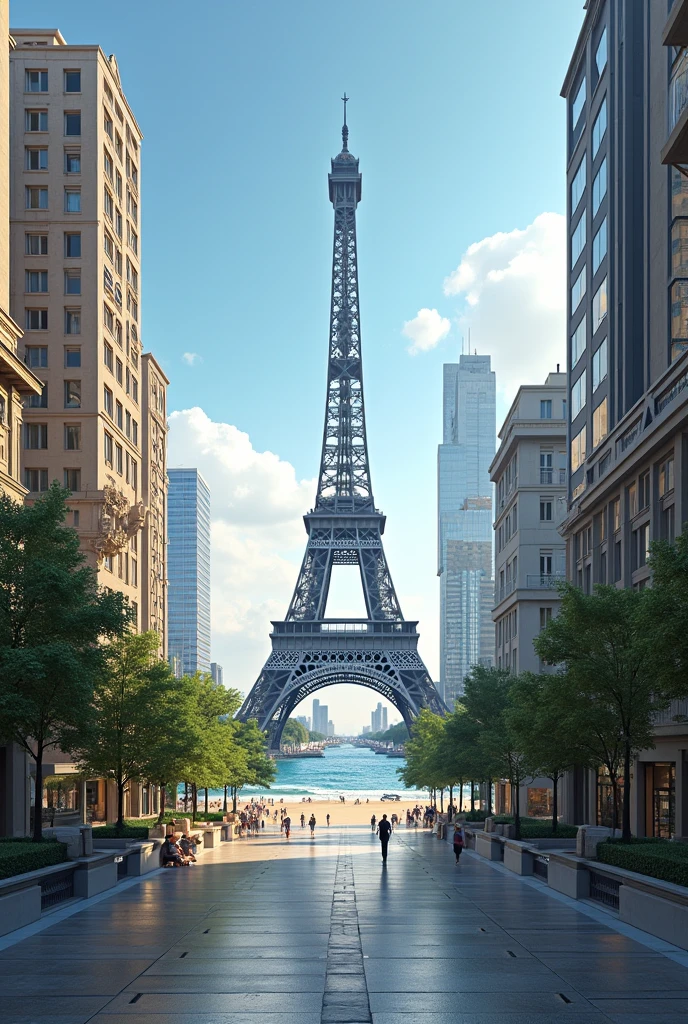 Create an image of a city where there are buildings in front of these buildings, put the Eiffel Tower and in front of the tower put a sidewalk and after the sidewalk a beach with waves. Change the order by putting the building first, then the tower, the sidewalk, then the beach. 