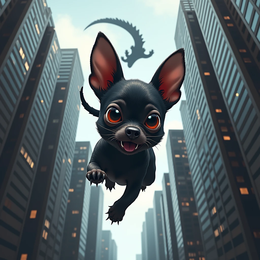 A black chihuahua with spots on its face in the form of a mask, jumping from one building to another, and is chased by a large dragon