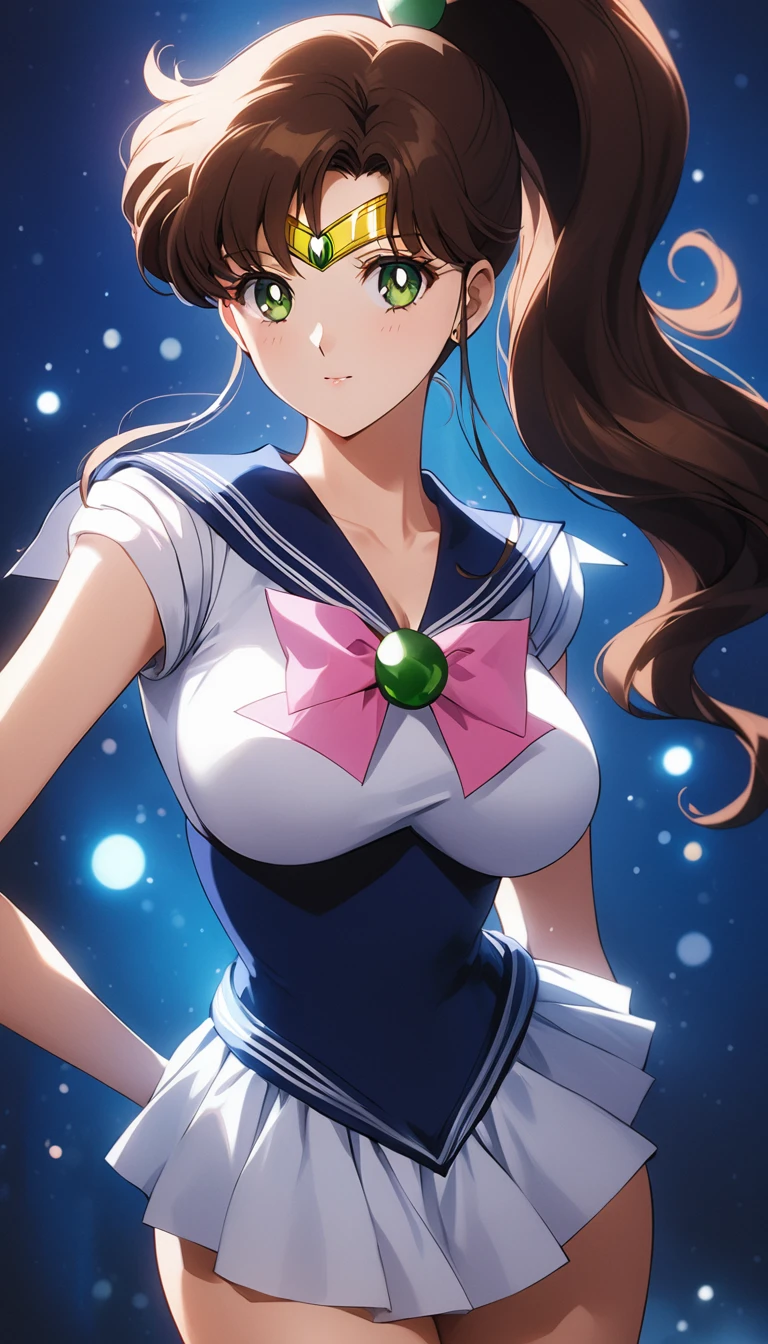 (high resolution:1.4)、(High resolution:1.4)、Symmetrical face、「Sailor Moon」Characters、Super beautiful girl「Makoto Kino」One person、Brown Hair、ponytail 、Look towards the camera、Gravure model composition、Beautiful and glowing skin、Softly lit, cinematic colors、Incredibly realistic texture、stylish、Beautiful and dense large breasts、Attractive large waist、High-definition face and eyes、Anime Style、