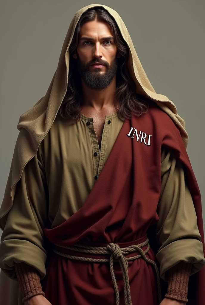 Create a realistic, full-body image of Jesus wearing a rustic dark brown tunic with collar details, a burgundy vest-style robe with sleeves, a rope tied around his waist, and a veil draped over his head and wrapped around his head. on the neck, in white.