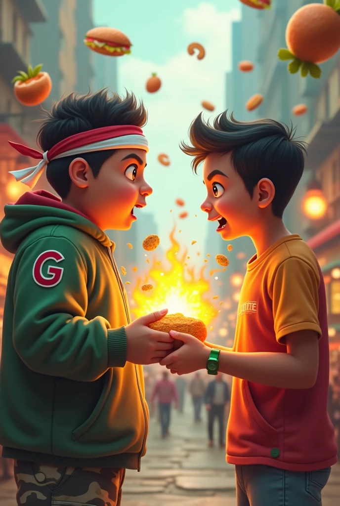 malaysia man ..Real fat man. 15 year old. Wear head band ((red white)). Green jacket , red "G" logo on body. India man. Average 15 year old.angry face open mouth. Wear green watch. hand glowing power. open hand pose . chubby muscle. power up glowing green. all food foating in the sky . Cargo pant green camouflage. Hand holding food. Background city.malaysia India face. Real India. Very india. malaysian indian. high detail. human wolrd 
