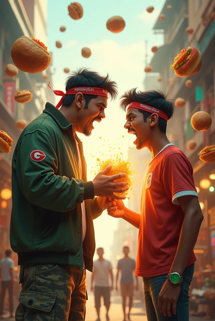 malaysia man ..Real fat man. . Wear head band ((red white)). Green jacket , red "G" logo on body. India man. Average 15 year old open mouth. Wear green watch. hand glowing power. open hand pose . chubby muscle. power up glowing green. all food foating in the sky . Cargo pant green camouflage. Hand holding food. Background city.malaysia India face. Real India. Very india. malaysian indian. high detail. human wolrd