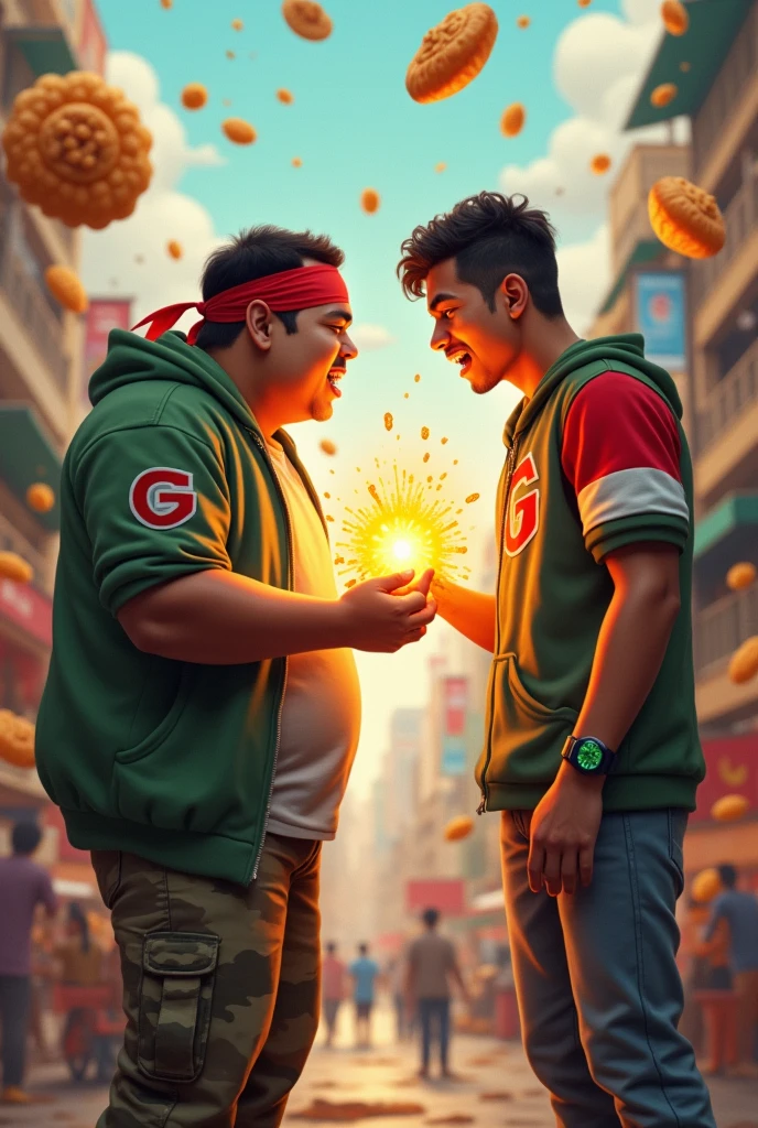 malaysia man ..Real fat man. 15 year old. Wear head band ((red white)). Green jacket , red "G" logo on body. India man. Average 15 year old.angry face open mouth. Wear green watch. hand glowing power. open hand pose . chubby muscle. power up glowing green. all food foating in the sky . Cargo pant green camouflage. Hand holding food. Background city.malaysia India face. Real India. Very india. malaysian indian. high detail. human wolrd 

