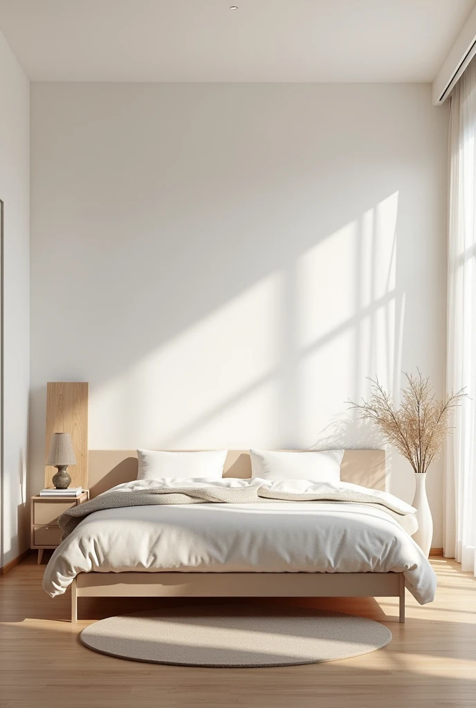 (masterpiece) (detailed description) (best quality) minimal looking bedroom design, feminine theme, light color with clean paint theme, bed room of women, clean, wooden flooring, king size minimal bed, perfectly organised room