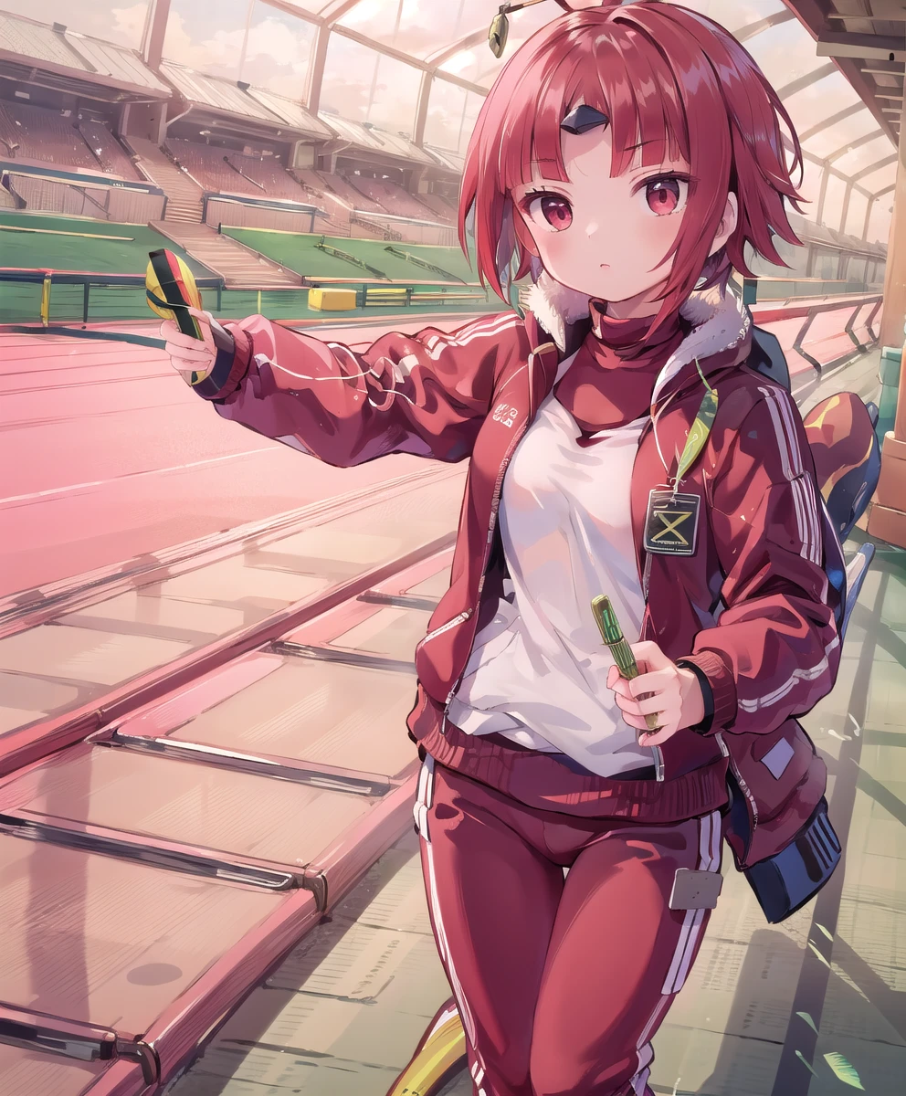 (masterpiece,best quality:1.2),photography, official art,(((tracksuit:1.5))),whole body,Perfect composition,One person,1girl,be_enma,short hair,red hir,parted bangs