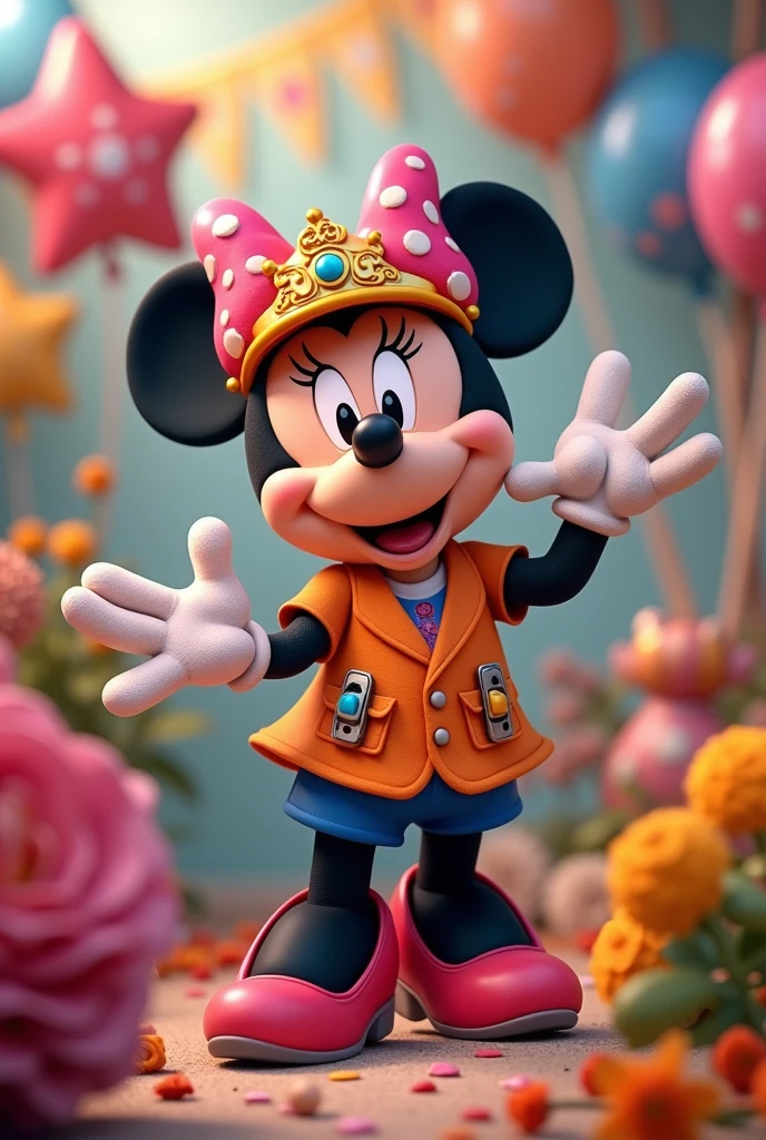 Birthday decoration written "CONGRATS & HAPPY BIRTHDAY MINNIE" with queen crown, flowers, female engineer and ballons