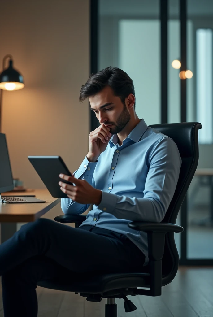 A young man thinking sitting office chair with a tablet on his hand