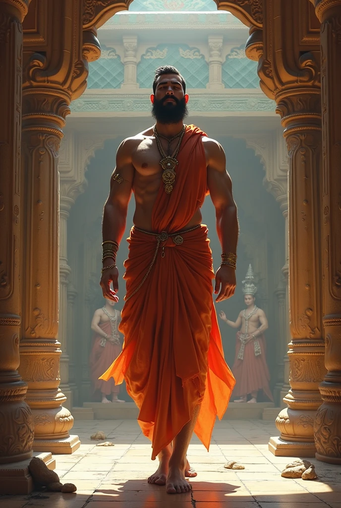 Naked woman, in hindu temple, muscular Hindu pandit