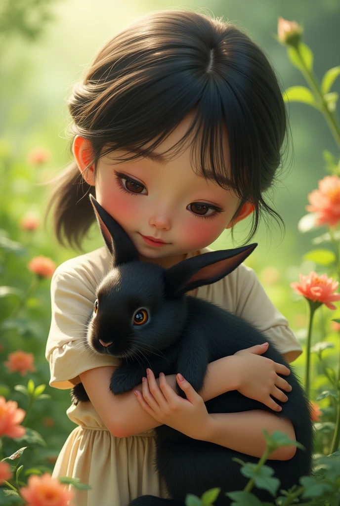 Girl holding black rabbit