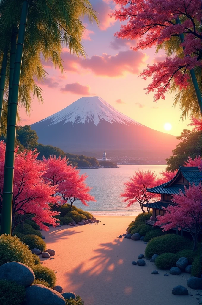 wallpapr. 4k. beach. full HD. red cherry trees. hyperrealistic. green bamboos. 4k. sunset. full HD. fuji background. hyperrealistic. japaneese houses surroundinds. hyperrealistic. 4k