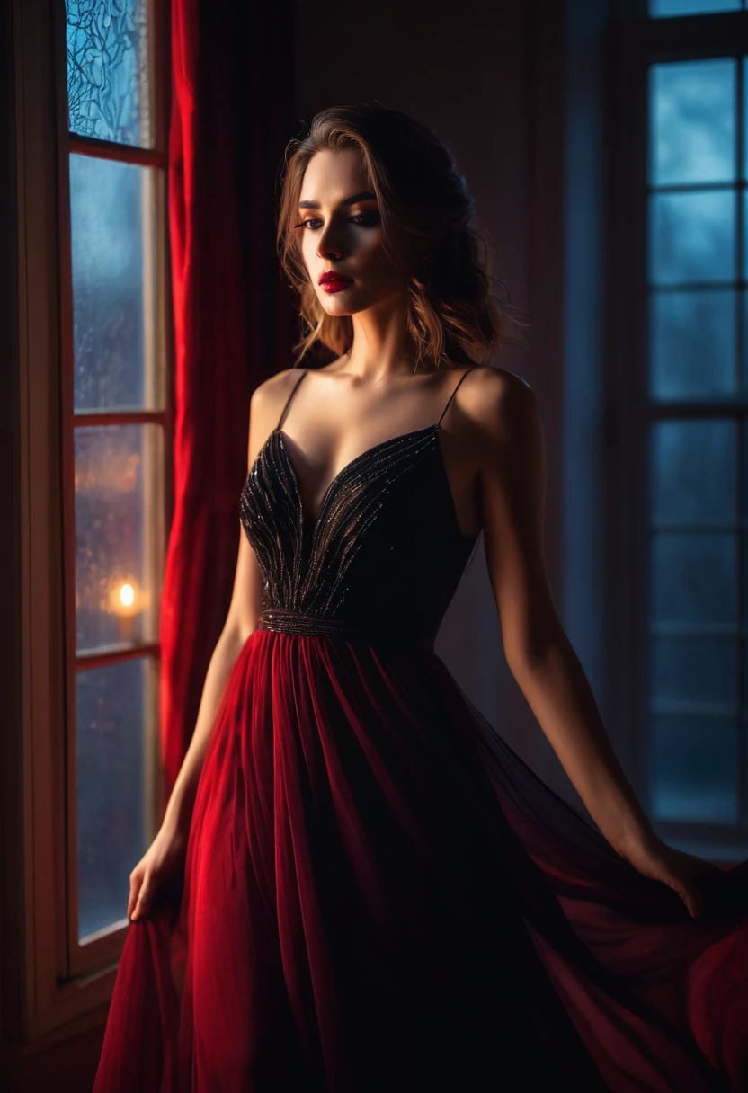 closeup shot, woman in a dress standing in front of a window, romanticism, in evening gown, flowing gown, wearing a flowing dress, mysterious woman, haunting beautiful young woman, wearing a black flowing dress, flowing dress, woman in dress, extremely moody red lighting,