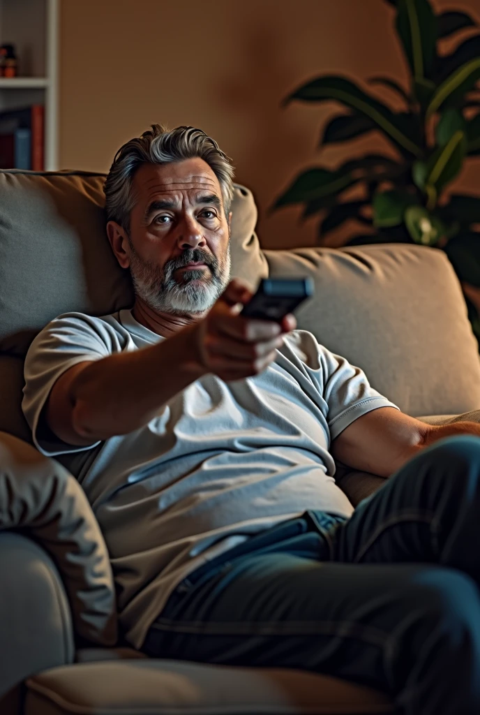 Man sitting on the couch with a remote in his hand pointing at the camera