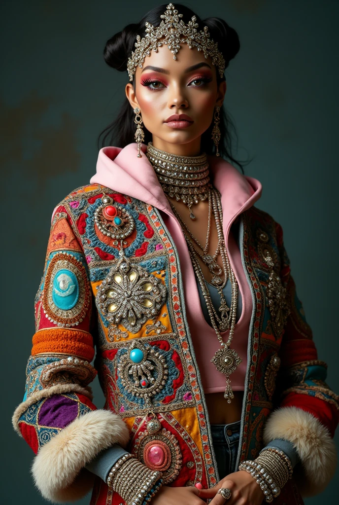 {Outfit Details:} An intricately adorned jacket featuring a patchwork of richly embroidered fabrics, encrusted with a variety of jewelry pieces including brooches, chains, and beads. The jacket is layered over a soft pink hoodie, creating a contrast between the casual and the opulent. The look is completed with an array of accessories: multiple bracelets, rings, and necklaces, as well as a bejeweled headpiece that adds a regal touch to the ensemble.
{Model Details:} A human model with striking features and a bold, confident expression. The model's makeup is dramatic, with emphasis on the eyes and lips, complementing the vibrant and detailed outfit.
{Background:} The model is set against a dark, neutral background that makes the vibrant colors and intricate details of the outfit stand out.
{Image Type:} Photorealistic fashion portrait.
{Art Style:} Hyper-realistic with a focus on the detailed textures and rich embellishments of the outfit.
{Camera Details:} Close-up shot capturing the upper body and focusing on the intricate layering of jewelry and fabric, with a shallow depth of field to blur the background slightly.
{Lighting:} Soft, directional lighting that highlights the metallic and bejeweled elements of the outfit, creating a luxurious and dramatic effect.
{Resolution and Lighting Keywords:} Ultra-high resolution, HDR, vibrant colors, sharp details, soft ambient light.