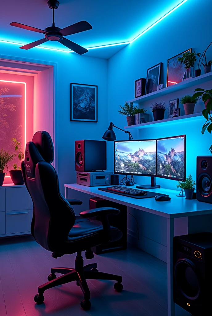 Generate me a picture that looks like my room is for a YouTuber that have white blue neon light says Sador image ratio 16:9 the picture is taken from the computer side
