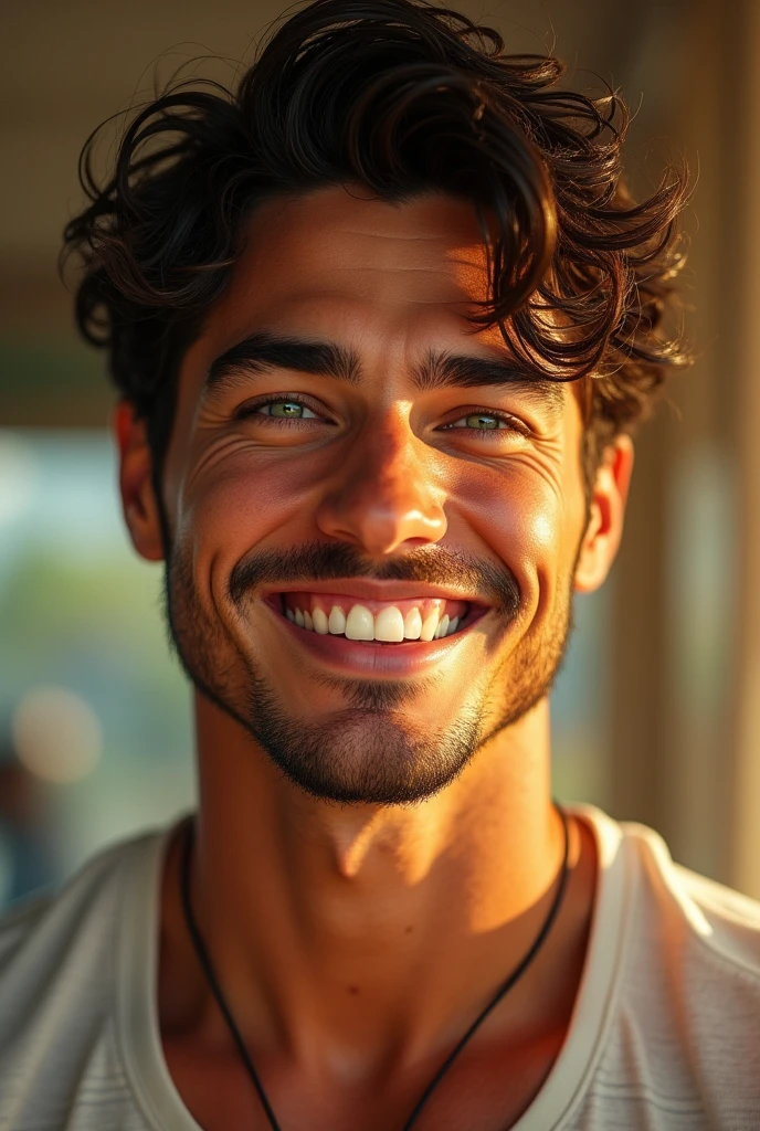 25 year old athletic man, tanned skin and slightly messy hair, green eyes and little beard, friendly and flirtatious smile