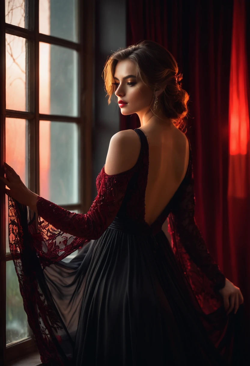closeup shot, woman in a dress standing in front of a window, romanticism, in evening gown, flowing gown, wearing a flowing dress, mysterious woman, haunting beautiful young woman, wearing a black flowing dress, flowing dress, woman in dress, extremely moody red lighting, 
