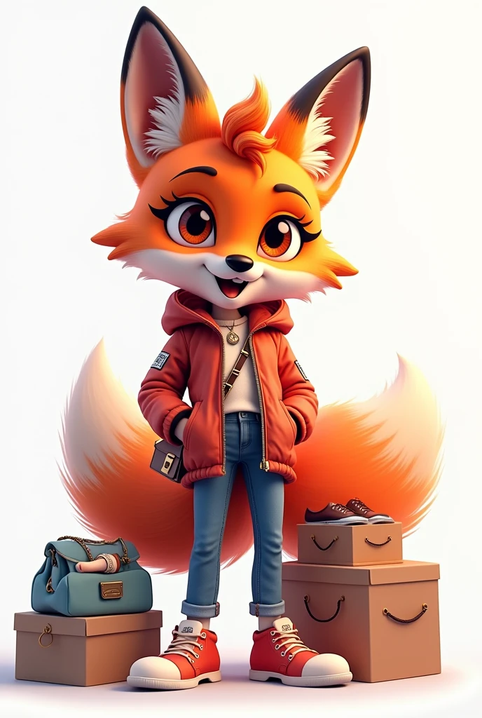 I want to create an avatar for my TikTok channel called Shopping Addict. Avatar size requirement is square, White background, female fox (face to face) The stylish girl is shopping for a lot of things..