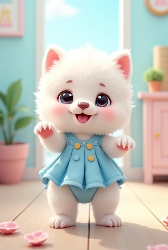 A  puppy dog standing on its hind legs,The cutest white puppy I know,The most adorable looking thing I&#39;ve ever seen!!!,
Cute Background,He dances,
She is wearing a light blue frilly outfit like a cute idol..