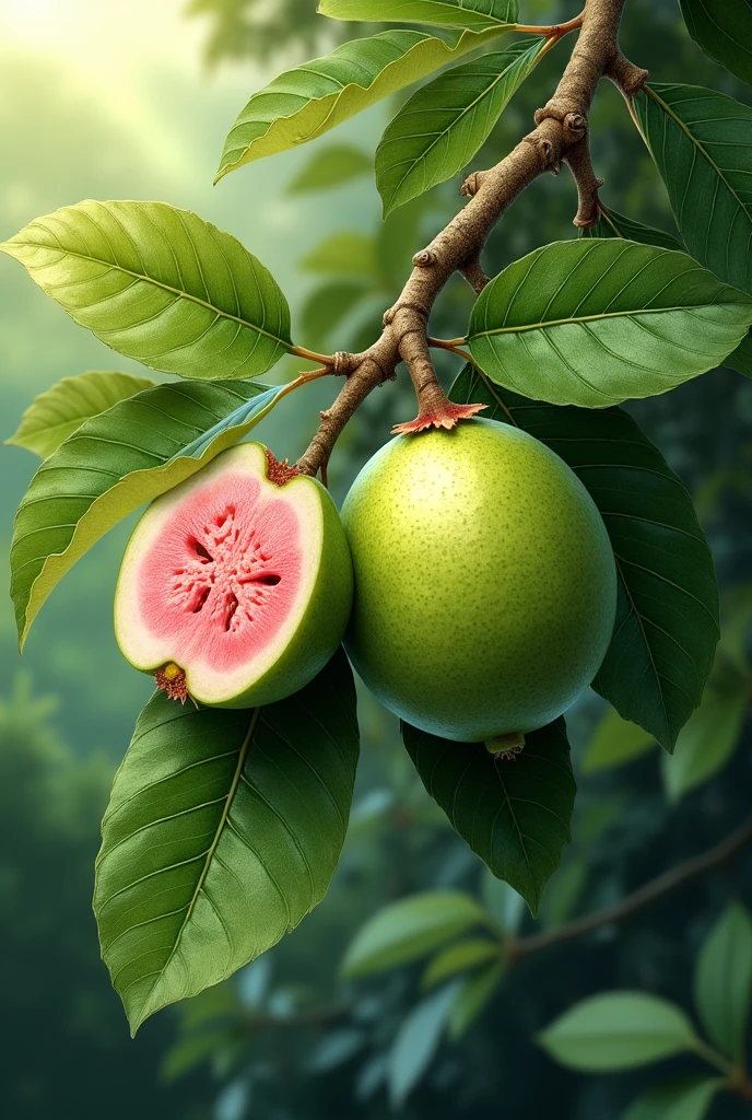 create a drawing of a guava branch with one open and one closed guava fruit