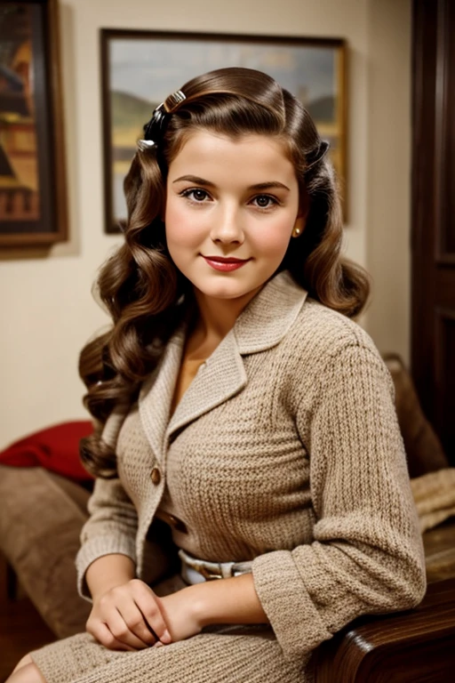Medium view, of young aged, 16 year old, mom, gilf, milf, face portrait, jewish features, long hair, brown hair, 1940s hair style, 1940s clothing, in cozy home 1936,
