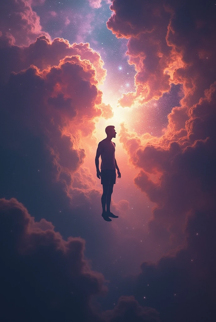 Man floting around in space nebula visible