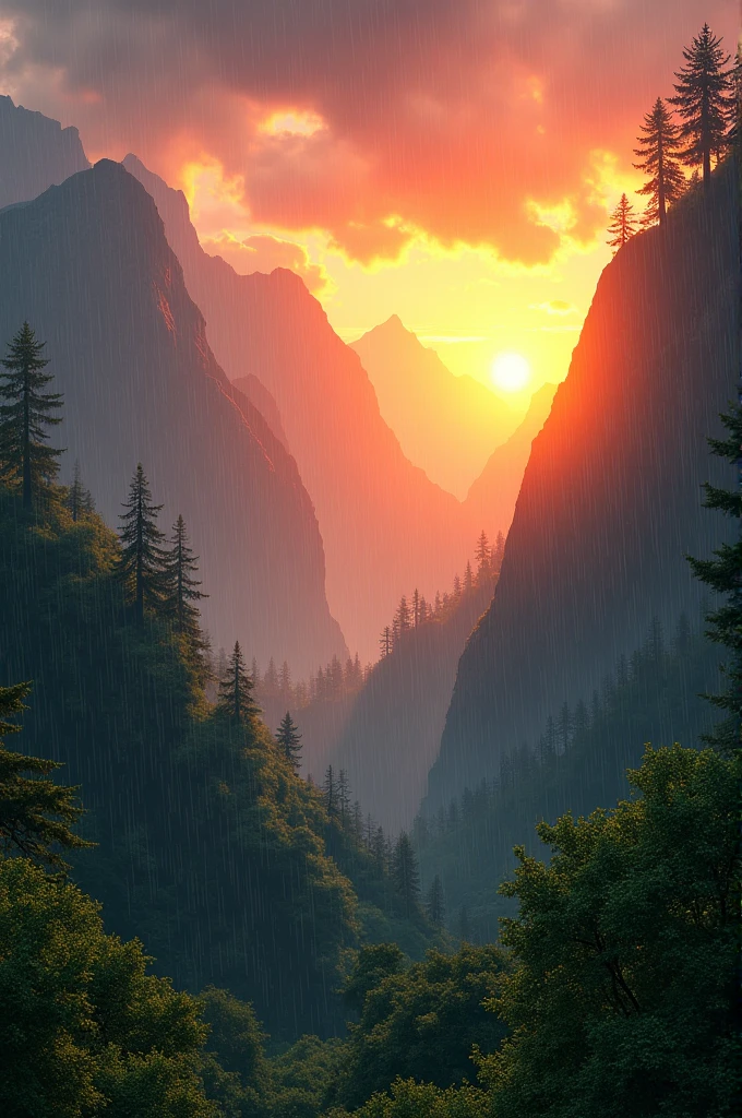 A sun set in rainy weather in lush green mountain valley