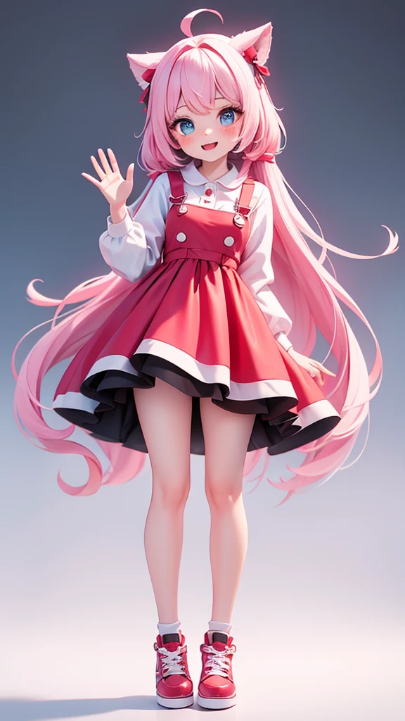 A cute fit 18 year old woman with long black-to-blue gradient hair, bright and reflective blue eyes. white spaghetti fit shirt.  pink hair, fair skin, and long, beautiful legs that match her red shoes. She was wearing a knee-length, see-through red-white dress. She beg  in the White background Studio. She is Waving goodbye and say hi , full body 4k, Front view.