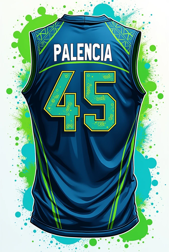 I need a t-shirt for a volleyball team, sleeveless, It is for a university and its colors are green and blue., but not something basic., that is very creative and with bright colors, Now I want this same design but with the last name Palencia and the number 45 on the back.