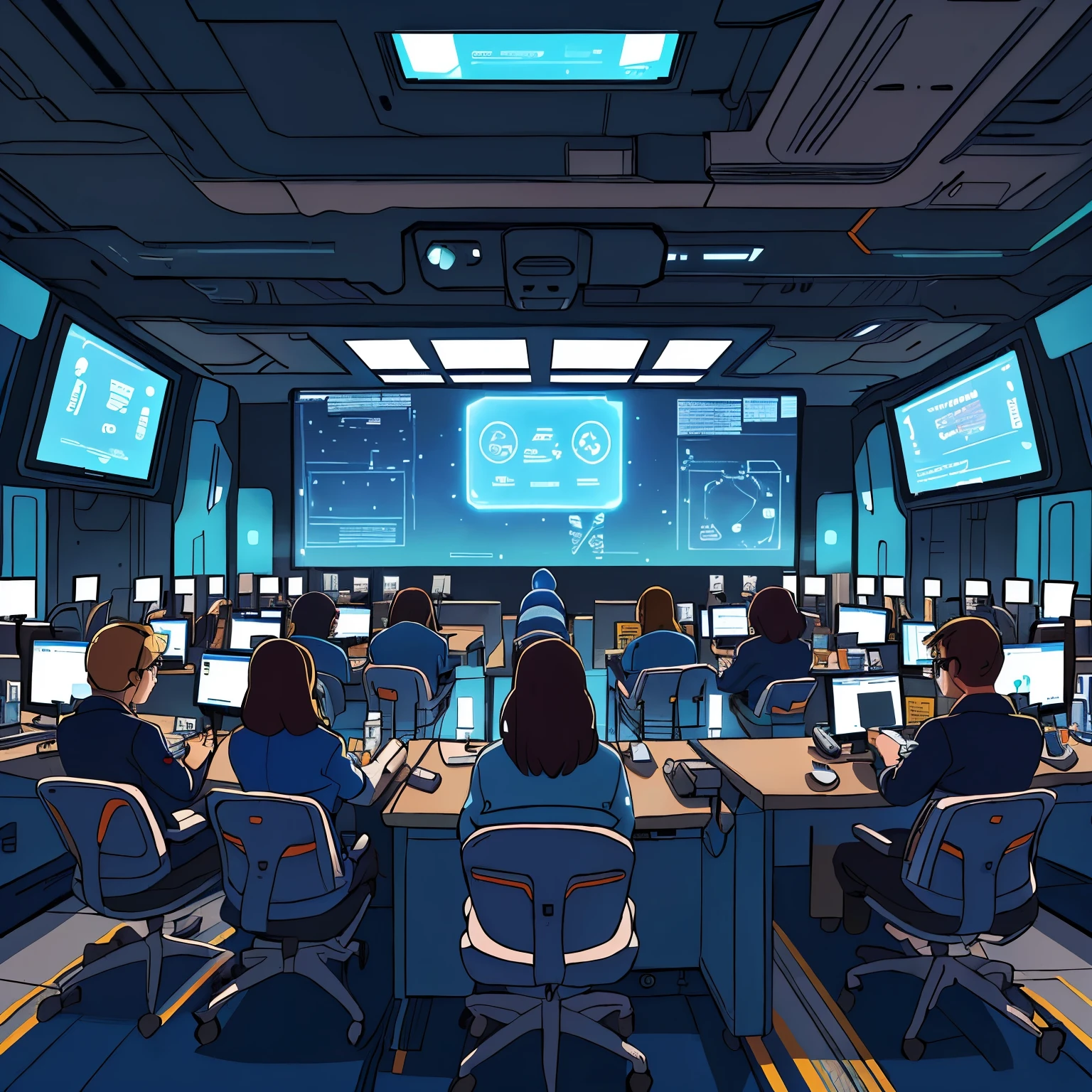 Cartoon Style，A crowded room，There are many people sitting at the table inside，There is also a big screen, Inside the future military base,Future Lab, Futuristic production facility, Future Lab, Future Chemistry Laboratory, Futuristic Government Office, Sci-fi scene, Sci-fi scene,