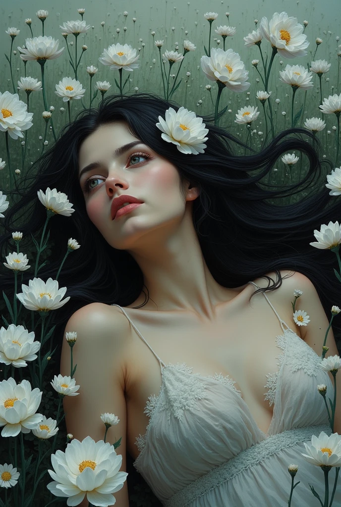 (painting:1.5), \\ One with black hair、Woman with white flowers in her hair lies in a field of white flowers, (Amy Saul:0.248), (Liu Stanley:0.106), (a detailed painting:0.353), (gothic art:0.106)