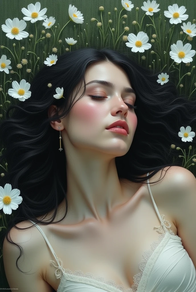 (Oil painting: 1.5),
\\
A woman with long black hair and white flowers in her hair lies in a field of white flowers, (Amy Saul: 0.248), (Stanley Ateg Liu: 0.106), (a detailed painting: 0.353), (Gothic art: 0.106) 4k highly detailed realistic ((full body including legs)) photo of beautiful 20-year-old sweaty a colorful Palette Knife Oil Painting ,animated girl with pink and blue grass,in the style of over,high contrast,tropical baroque,bio-art,light violet,cornelia parker,uhd image,botanical impressions,, best quality, masterpiece, highres, absurdres, incredibly absurdres, huge filesize, wallpaper, colorful,8K,RAW photo, Beautiful detailed girl, (oil painting:1.5), (NSFW:1.2), 1girl laying, feature, pureerosface_v1, Ambilight, slender waist, (splash, brushwork:1.5),double exposure, fussion of fluid abstract art,(original illustration composition),( fusion of limited color, maximalism artstyle, geometric artstyle) Incorporate vibrant colors, dynamic brushstrokes, and intriguing textures to capture the essence of the subject's inner world, capturing a surrealist vision, Perfect centralization, Um caozinho bonito ruivo por toda parte, Usa uma jaqueta, Standing position, beleza abstrata, Centrado, looking at the camera, Facing the camera, nearing perfection, Dynamic, luar, altamente detalhado, pintura digital, art stations, Conceito-Arte, liso, sharp focus, 8k, high-definition resolution, illustration, arte de Carne Griffiths e Wadim Kashin, fundo futurista. (Oil painting: 1.5), \\ A woman with long black hair and white flowers in her hair lies in a field of white flowers, (Amy Saul: 0.248), (Stanley Ateg Liu: 0.106), (a detailed painting: 0.353), Layering and Depth: Explore the use of layering and depth to create a sense of dimensionality and spatial complexity within the artwork. Experiment with overlapping shapes, transparent glazes, and textured surfaces to build up layers of visual interest and depth.