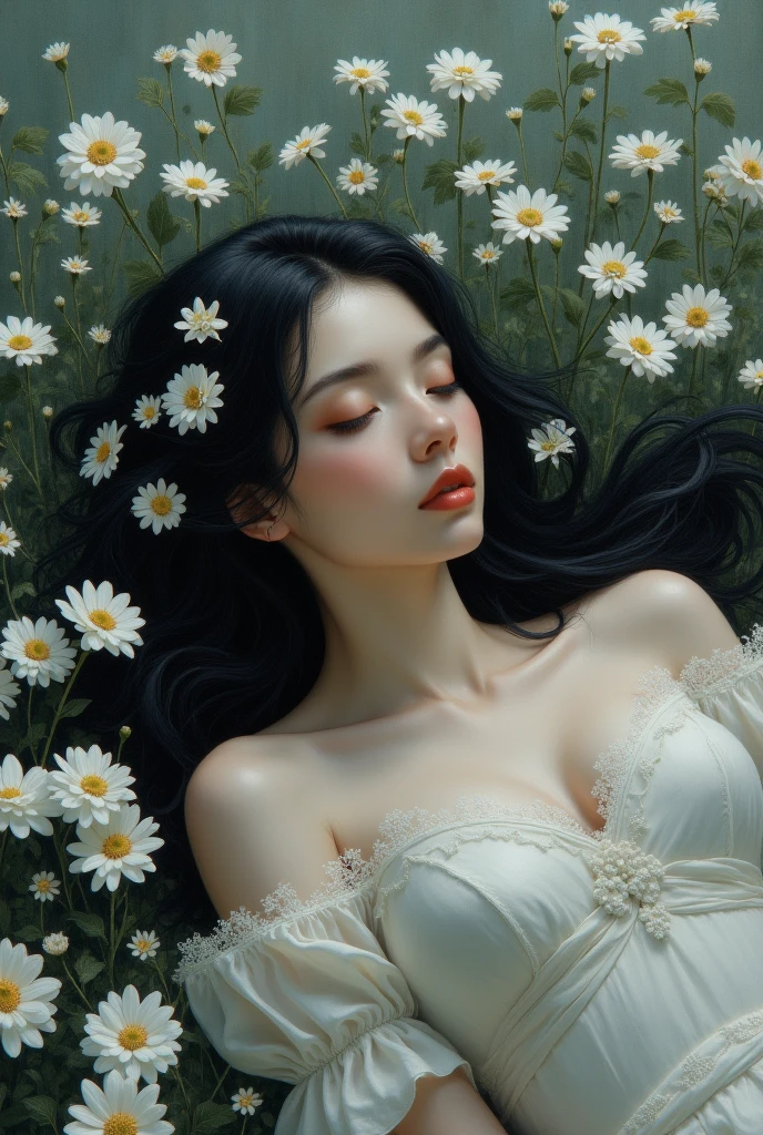  (oil painting:1.5),
\\
a woman with long black hair and white flowers in her hair  laying down in a field of white flowers, (amy sol:0.248), (stanley artgerm lau:0.106), (a detailed painting:0.353), (gothic art:0.106)