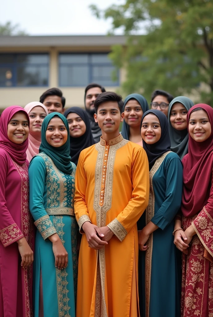 Group of  teenagers friends,4 muslim girls,2 muslim boys wear muslims traditional attires,4 chinese girls,2 Chinese boys wearing chinese attires,3 Indian girls and 1 Indian boy wearing Indian attire, all 16 wearing same colour standing infront of a highschool