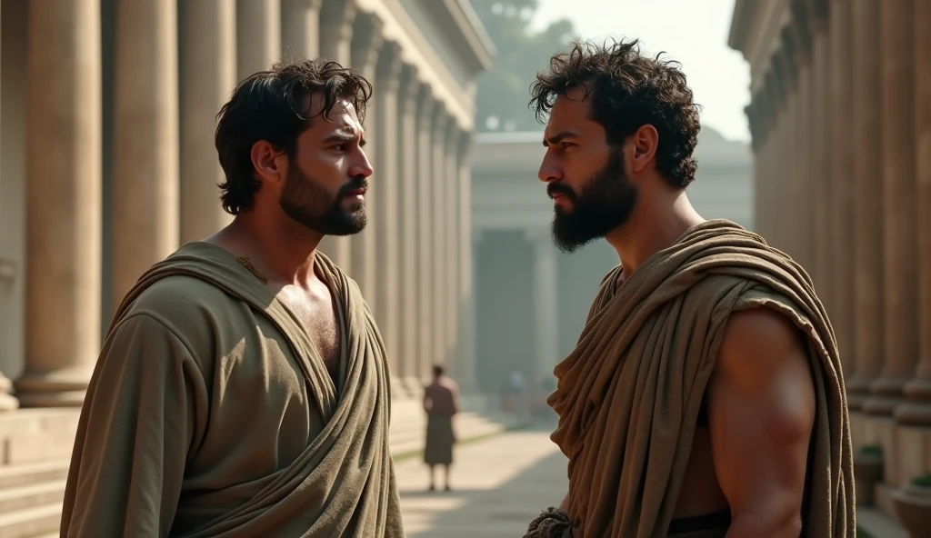 In a grand Roman forum, two male stoic philosophers with well-proportioned, attractive physiques are depicted in a moment of emotional tension. The scene captures a medium shot of the philosophers, dressed in classic tunics in muted earthy tones—grey, brown, and olive green—with subtle gold or copper accents. One philosopher is shown with an intense, pained expression, leaning back slightly with a look of disbelief and hurt. His body language and the distance between him and the other philosopher suggest a sudden emotional divide. The other philosopher, though maintaining a composed appearance, has a somber and regretful gaze, reflecting the weight of betrayal. The majestic Doric columns and the Forum's grandeur are bathed in a colder, more subdued light to mirror the emotional shift. The shallow depth of field focuses on the emotional distance and the tension between the characters, while the background remains softly blurred, emphasizing the gravity of the moment and the historical context.
