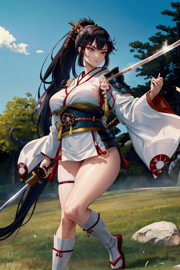 (Japanese women)、(Warrior Princess)、(Goddess of War)、(Black Hair)、(ponytail)、(Old Japanese Armor)、((Holding the Japan sword))、(True to prompts)、(Deluxe)、(Glaring with sharp eyes)、(Super big breasts),(battlefield)、(grassland)、((A large number of soldiers))、(sunny)、(blue sky)、(Best lighting)、{{{Browsing Caution}}}、{{{masterpiece}}}, {{{Highest quality}}}, {{ultra-detailed}}, {{shape}}, {{{Very delicate and beautiful}}},{{extremely detailed CG}}、{{unity 8k portrait}}、{{Fabric Shading}}、{{super detailed skin}}、{{Perfect Anatomy}}、{{detailed}}、{{Dynamic Lighting}}、{{{beautiful detailed eyes}}}、{{{beautiful detailed Face}}}、(Perfect Legs)、(Perfect breasts)、(Perfect pose)、(Perfect body)