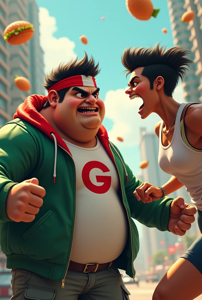 malaysia man ..Real fat man. 15 year old. Wear head band ((red white)). Green jacket , red "G" logo on body. India man. Average 15 year old.angry face open mouth. Wear green watch. hand glowing power. open hand pose . chubby muscle. power up glowing green. all food foating in the sky . Cargo pant green camouflage. Hand holding food. Background city.malaysia India face. Real India. Very india. malaysian indian. high detail. human wolrd
women average age 15 year old wear jumpasuit high tech(( blue yellow)). Running effect. Glowing yellow power. Runfast effect. Wear blue big glasses big frame.running speed of light. running athlete. Braces teeth. Bokeh background. Panning effect. Yellow high tech watch. a beautiful young chinese women, , wearing a high-tech blue and yellow loose jumpsuit, photorealistic, detailed facial features, long hair, elegant pose, dynamic lighting, 8k, award-winning digital art, intricate details, vibrant colors, cinematic composition. very fasr run, highly detailed. light trail effect. speed of light. froze time effect. at the city.