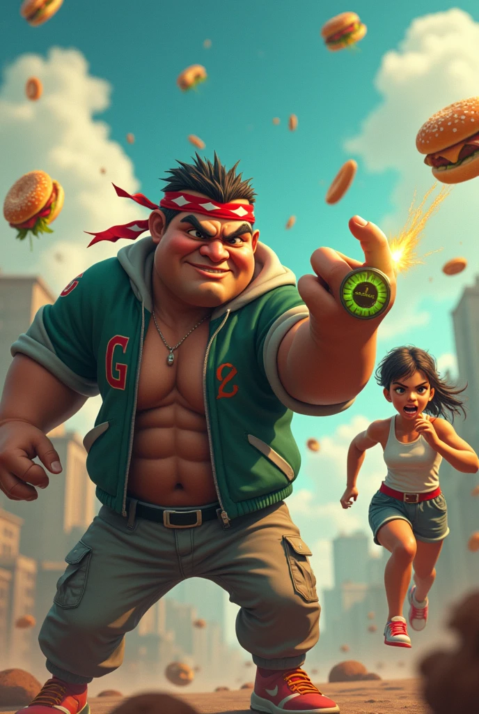 malaysia man ..Real fat man. 15 year old. Wear head band ((red white)). Green jacket , red "G" logo on body. India man. Average 15 year old.angry face open mouth. Wear green watch. hand glowing power. open hand pose . chubby muscle. power up glowing green. all food foating in the sky . Cargo pant green camouflage. Hand holding food. Background city.malaysia India face. Real India. Very india. malaysian indian. high detail. human wolrd
women average age 15 year old wear jumpasuit high tech(( blue yellow)). Running effect. Glowing yellow power. Runfast effect. Wear blue big glasses big frame.running speed of light. running athlete. Braces teeth. Bokeh background. Panning effect. Yellow high tech watch. a beautiful young chinese women, , wearing a high-tech blue and yellow loose jumpsuit, photorealistic, detailed facial features, long hair, elegant pose, dynamic lighting, 8k, award-winning digital art, intricate details, vibrant colors, cinematic composition. very fasr run, highly detailed. light trail effect. speed of light. froze time effect. at the city.