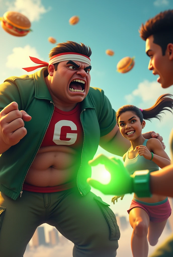malaysia man ..Real fat man. 15 year old. Wear head band ((red white)). Green jacket , red "G" logo on body. India man. Average 15 year old.angry face open mouth. Wear green watch. hand glowing power. open hand pose . chubby muscle. power up glowing green. all food foating in the sky . Cargo pant green camouflage. Hand holding food. Background city.malaysia India face. Real India. Very india. malaysian indian. high detail. human wolrd
women average age 15 year old wear jumpasuit high tech(( blue yellow)). Running effect. Glowing yellow power. Runfast effect. Wear blue big glasses big frame.running speed of light. running athlete. Braces teeth. Bokeh background. Panning effect. Yellow high tech watch. a beautiful young chinese women, , wearing a high-tech blue and yellow loose jumpsuit, photorealistic, detailed facial features, long hair, elegant pose, dynamic lighting, 8k, award-winning digital art, intricate details, vibrant colors, cinematic composition. very fasr run, highly detailed. light trail effect. speed of light. froze time effect. at the city.