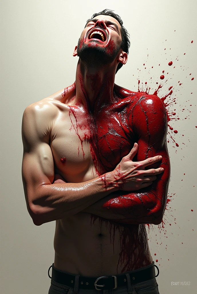 Human with left arm ripped off from himself bleeding