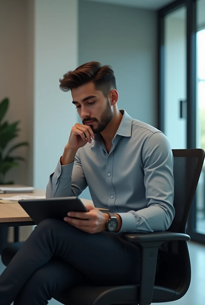 A young man thinking sitting office chair with a tablet on his hand