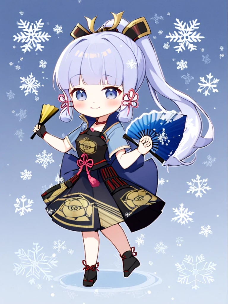 1girl, kamisato_ayaka, solo, hand_fan, chibi, smile, sidelocks, holding_fan, holding, tress_ribbon, looking_at_viewer, armor, full_body, folding_fan, snowflakes, japanese_armor, armored_dress, japanese_clothes, tabi, gloves, short_sleeves, grey_eyes, skirt, blush