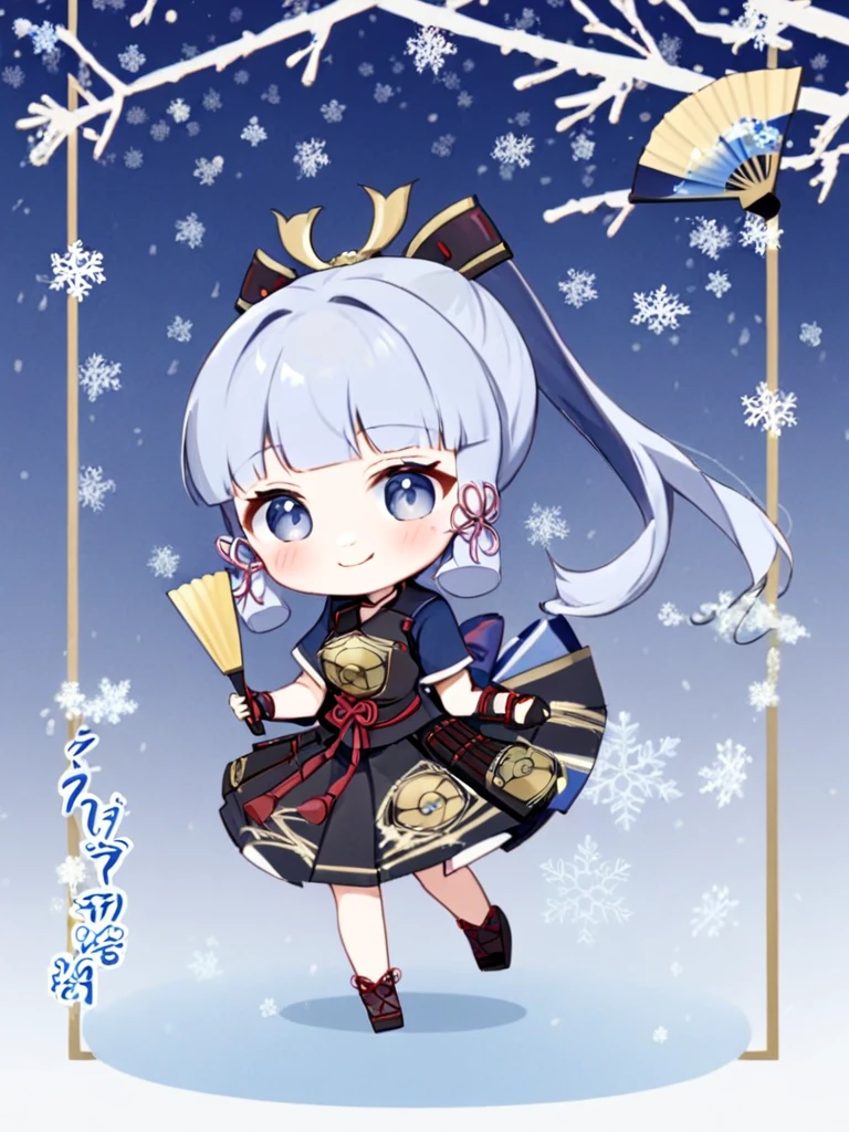 1girl, kamisato_ayaka, solo, hand_fan, chibi, smile, sidelocks, holding_fan, holding, tress_ribbon, looking_at_viewer, armor, full_body, folding_fan, snowflakes, japanese_armor, armored_dress, japanese_clothes, tabi, gloves, short_sleeves, grey_eyes, skirt, blush