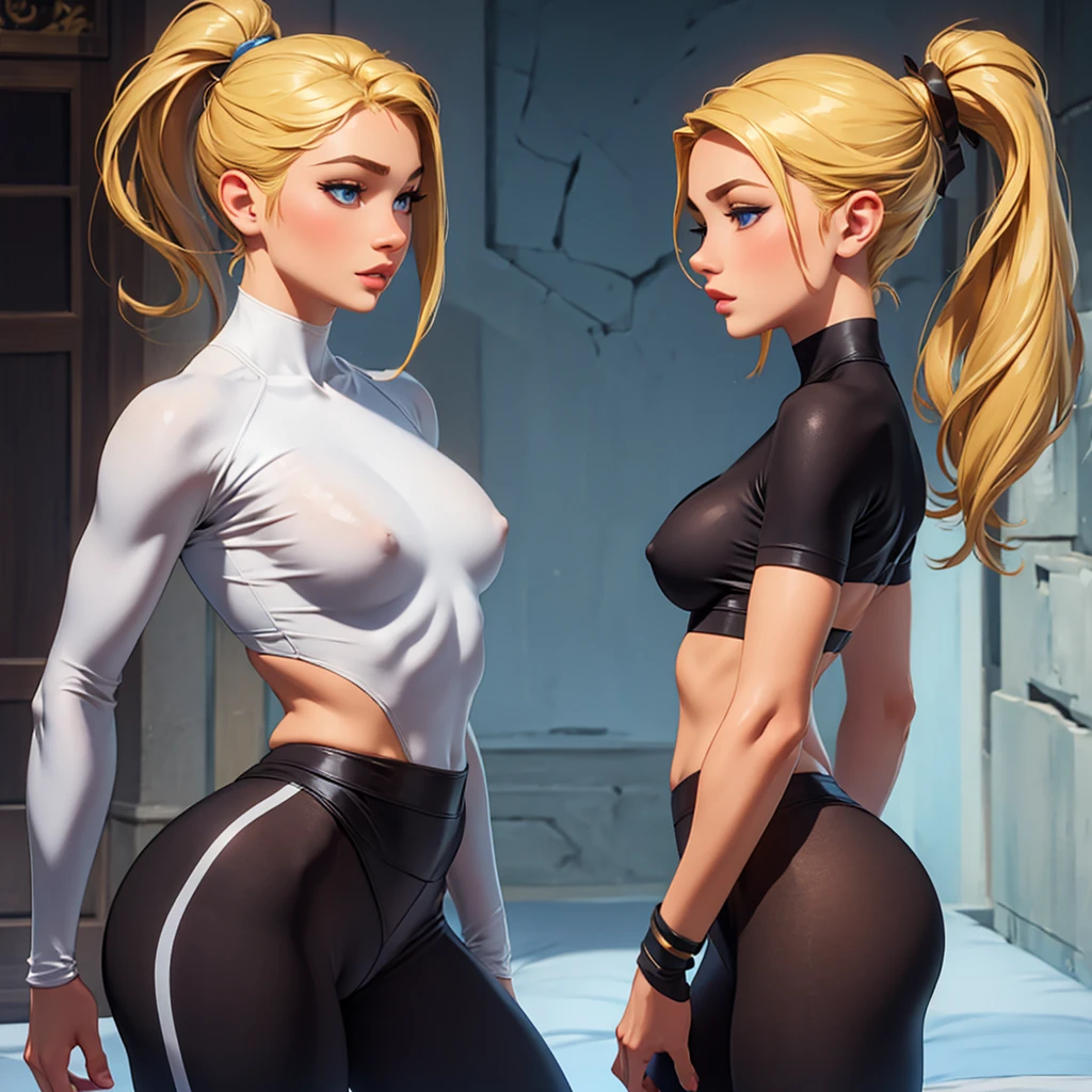 Beautiful woman, single, very pretty front view, full lips, small nose, small slanted eyes, Russian origin, blonde hair, hair tied up, ponytail, big tits, natural tits, realistic skin, best quality, masterpiece, tight clothes