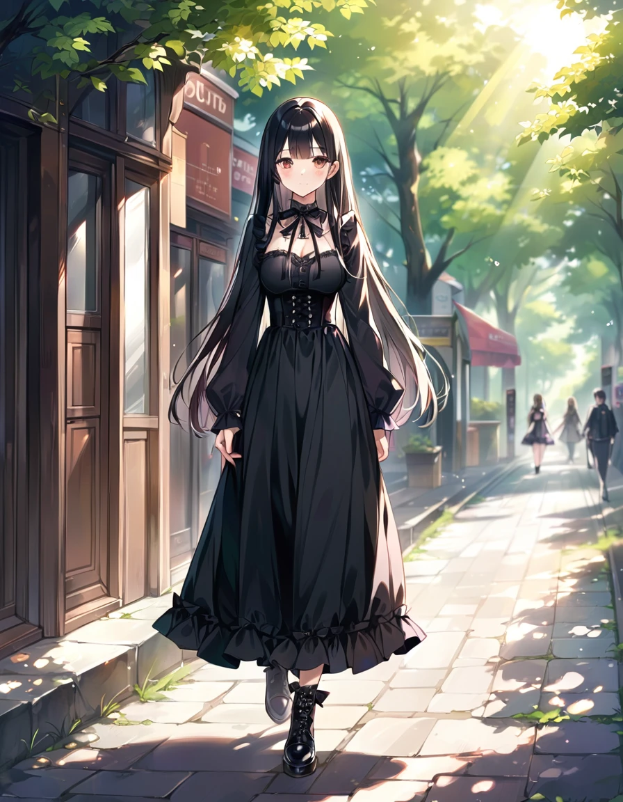 Woman, cute, kawaii, straight hair, long hair, black hair, full breasts, walking, sunny, full body, lolita fashion, gothic fashion, daytime, sunlight