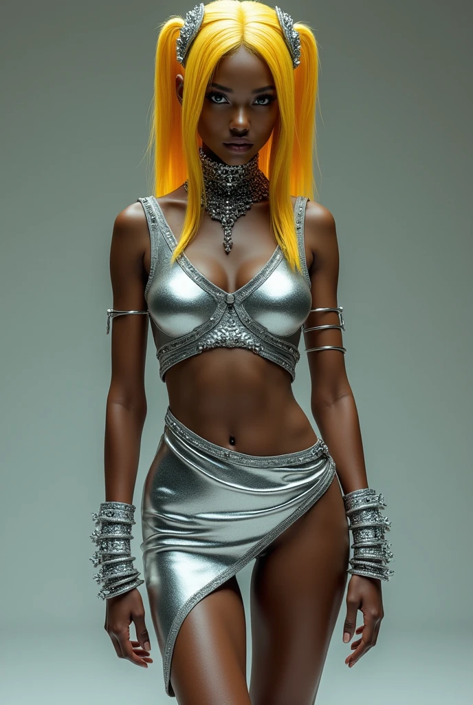 A girl with dark skin, with a silver top, and bracelets on silver hands, with a silver skirt that covers her right leg but the left leg is very short up to the thigh, Her hair is straight, waist-length and yellow in color., Her hair is loose but she has two pigtails in the back., and has silver accessories on his head 