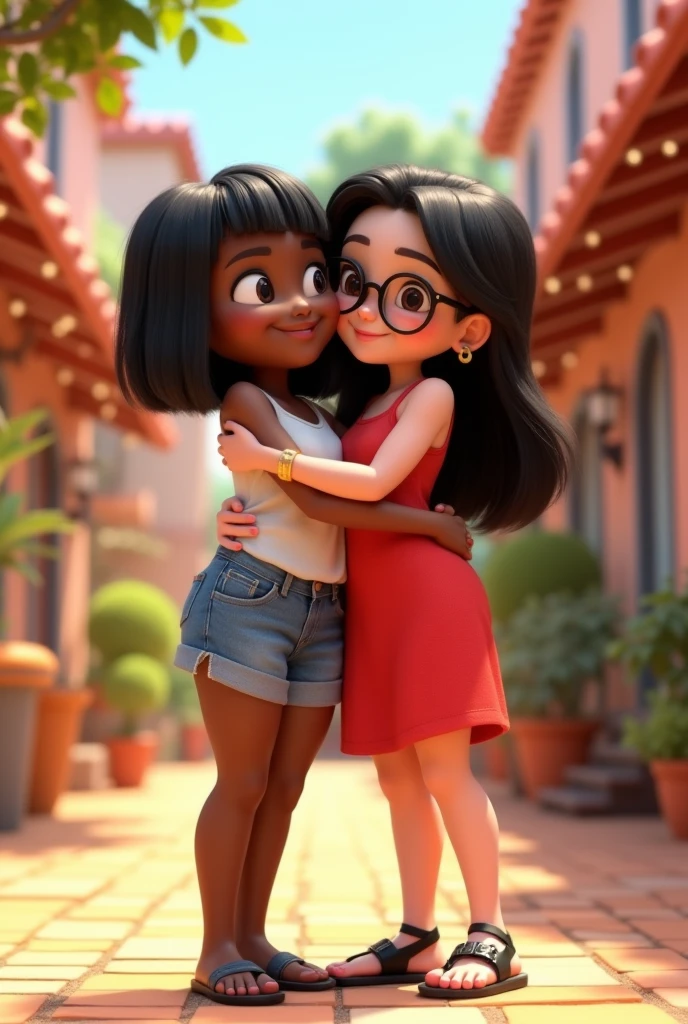 PIXAR STYLE 3D two friends hugging each other, one with dark skin, chubby body, short straight black hair, white blouse, and denim shorts, flip-flops; the other woman, with white skin, thin body, long black hair, prescription glasses, red dress, high black sandals, watch on her arm