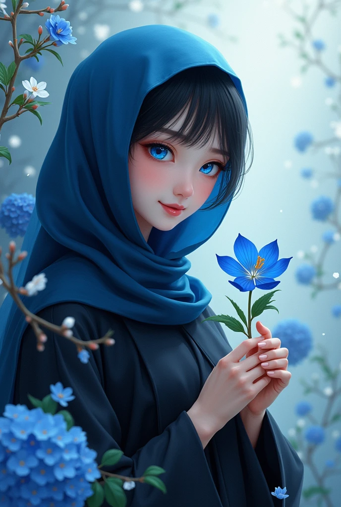 A girl wearing a black robe and a blue headscarf. Both of his eyes have different colors, one is black and one is blue. Holding a blue spider lily flower, looking at the flowers with a warm smile. There are cherry blossoms around it, Blue Hydrangea, and forget-me-not flowers. Be in a cool place, calm, and peace.
