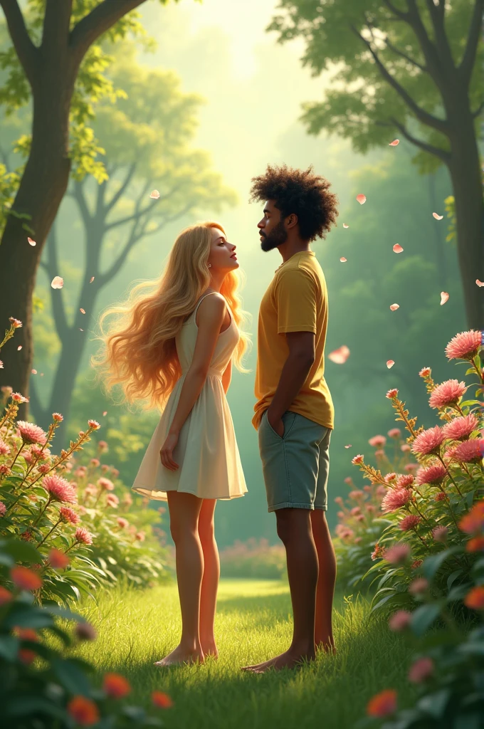 A white woman with blonde hair and a brown man with black hair in a garden