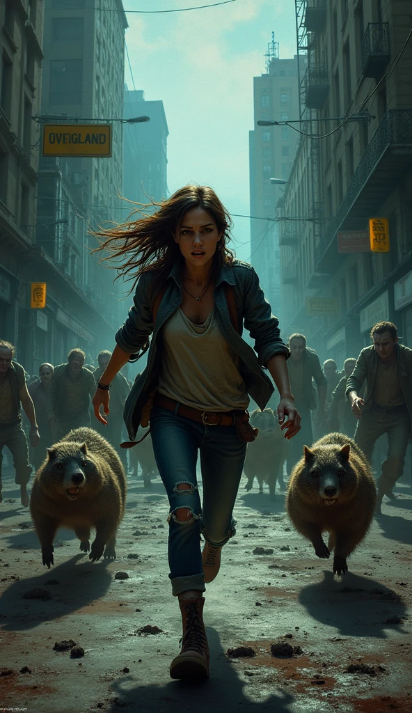 "A dramatic and intense book cover featuring a woman desperately fleeing from a horde of zombies. The woman is in the foreground, expressing fear and determination through her expressions. Dressed in tattered clothing, she is running down a dark, deserted city street. Creepy and scary looking zombies are closing in on her. The scene is dark and atmospheric, with a gritty and realistic style. The book's title is prominently displayed at the top in a bold, aged font, followed by a swarm of wombats chasing her."

