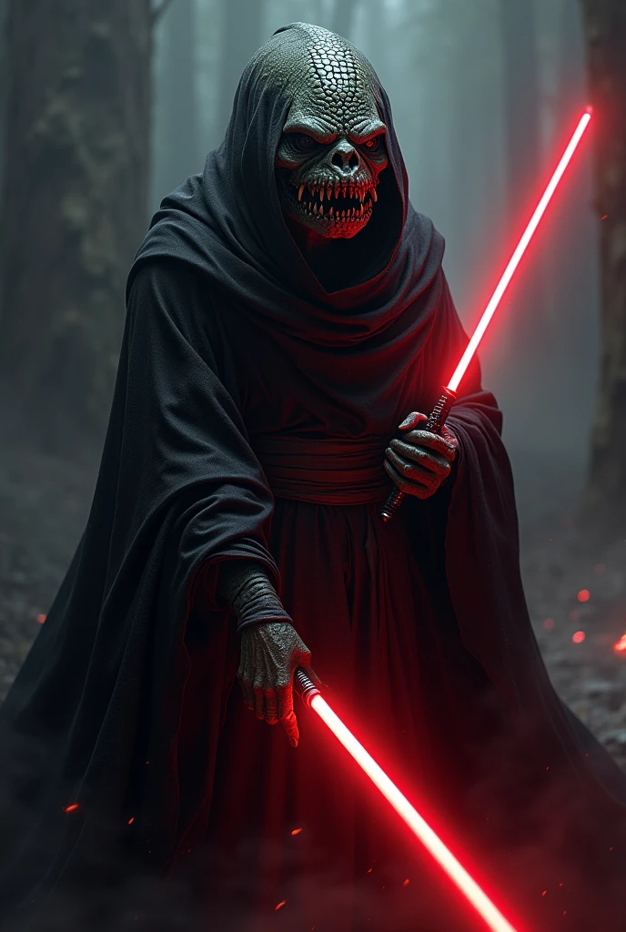 A Sith from Star Wars, mix of fish and human, dotted, black cape with hood, dark atmosphere, frightening, scary, red lightsaber, ultra-realistic